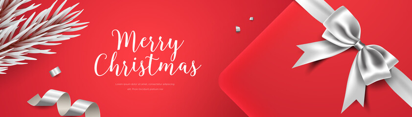3d realistic trendy christmas background card banner, red duotone style, confetti, gift box and fir branch vector cover template
