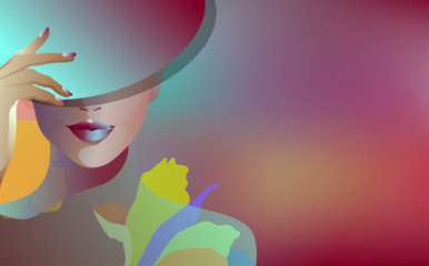 Watercolor portrait of model girl in hat, fashion art, beauty fashion art. Color vector prints, neon Makeup. Background for text, women and hand with manicure and lipstick - 307205082