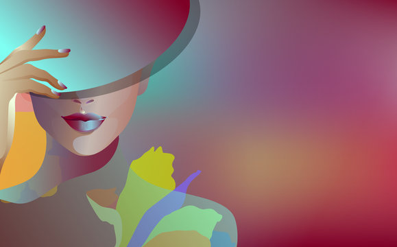 Watercolor portrait of model girl in hat, fashion art, beauty fashion art. Color vector prints, neon Makeup. Background for text, women and hand with manicure and lipstick