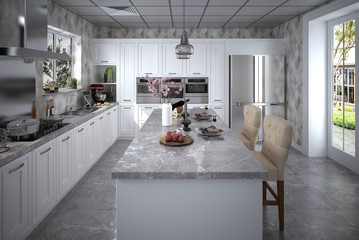 Modern kitchen interior design 3D Rendering  3D Illustration
