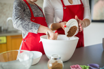Woman pouring cocoa into bowl and daughter helping her