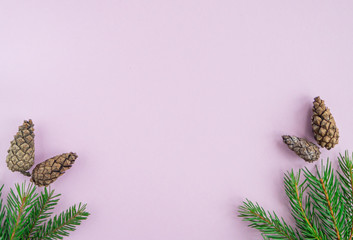 Christmas New year flat lay with xmas tree or branches, and pine cones on pink background. Greeting card, top view, copy space. 