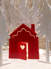 paisaje nevado con casa roja, abetos y fondo para navidad. objeto de fiestas diciembre