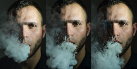 Collage. Man Vaping an Electronic Cigarette. Vaper Hipster Smoke Vaporizer and Exhals Smoke Cloud. burst mode 