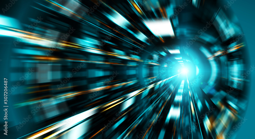 Poster Abstract zoom effect in a blue dark tunnel background with traffic lights