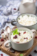 Cottage cheese with dried cranberries in a bowl.