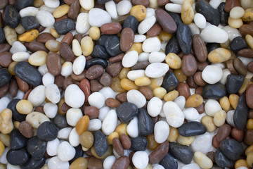 Colored round pebbles marine black, white, yellow multicolored in the sunlight. Designer abstract background. Colorful pebbles on the beach.