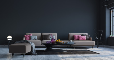 Decorative backdrop of a room at home, office and hotel. Modern sofa interior design and bright modern interior details against a dark classic wall. Bright light from the window.