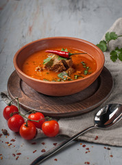 spicy tomato soup with meat and red pepper close-up in a terracotta ceramic plate with cherry tomatoes on a gray texture concrete background