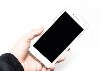 female hands holding a mobile phone isolated on white background