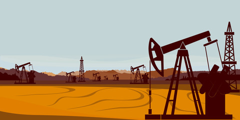 Nature landscape. Mountains, desert, oil pumpjacks, derricks. Vector illustration.