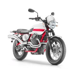 Obraz na płótnie Canvas Street Scrambler Motorcycle Isolated on White Background. Side View of Steel and Red Retro Bike. Vintage Personal Transport. Modern White Racing Sportbike with Two-Cylinder Engine. 3D Rendering