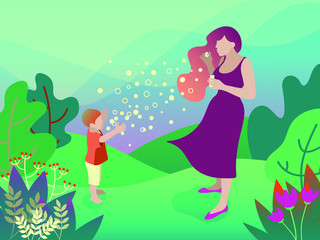 Obraz na płótnie Canvas Mother and her son playing with bubble blower in the garden. Flat design. Vector illustration.