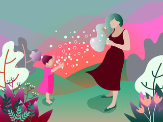 Mother and her daughter blowing bubbles in the garden. Flat design. Vector illustration.