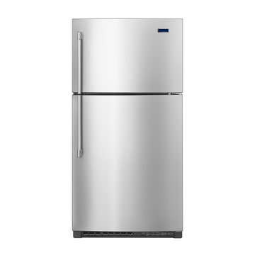 Top Mount Fridge Isolated on White Background. Front View of Stainless Steel Side by Side Double Door Refrigerator. Modern Kitchen and Domestic Appliances. Full Frost Free Freezer