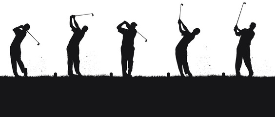 Vector silhouettes of golfers at the driving range.