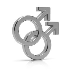 Gay symbol 3d render. Silver gay symbol isolated on white background.