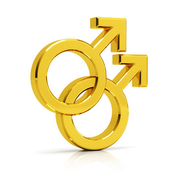 Gay symbol 3d render. Golden gay symbol isolated on white background.