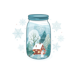 Cute winter vector illustration. Close lid glass jar with wintertime rustic landscape. House, fir tree, snowman, snow inside bottle. Glass container surrounded by snowflakes