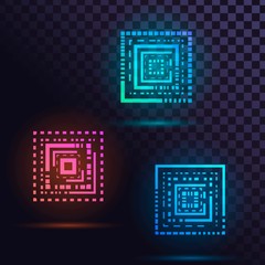 Set of futuristic square logos, geometric shapes with a technological pattern