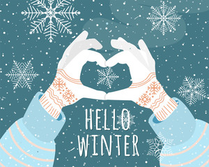 Hello winter holiday vector illustration background. Female hands with gloves folded in the shape of a heart. Snowflake in the center - Powered by Adobe