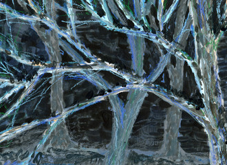 Winter landscape, hand draw, acrylic, pastel, mixed media. Abstract style. Winter night forest