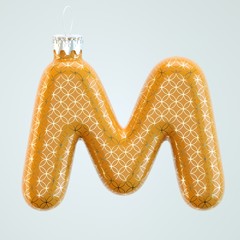Orange letter M Christmas toy with golden pattern isolated white background 3d render