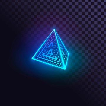 Glowing blue neon pyramid, futuristic prism, laser pyramid on transparent background