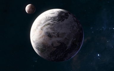 Planet Earth and Moon in warm light of Sun. Solar system. Science fiction. Elements of this image furnished by NASA
