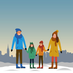 Family outdoors in winter. Father, mother, son and daughter holding hands. Happy smiling people on background of cityscape. Flat vector concept with copy space for postcard, flyer, poster or banner.