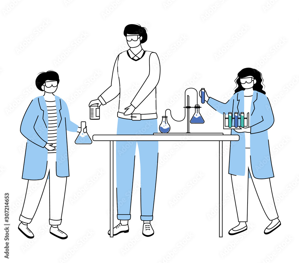 Poster science lesson flat contour vector illustration. conducting experiment with test tubes simple drawin