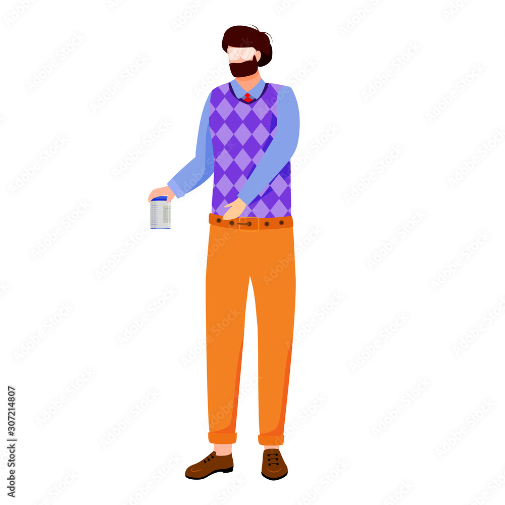 Poster university professor with chemicals can flat vector illustration. conducting lecture. scientist expl