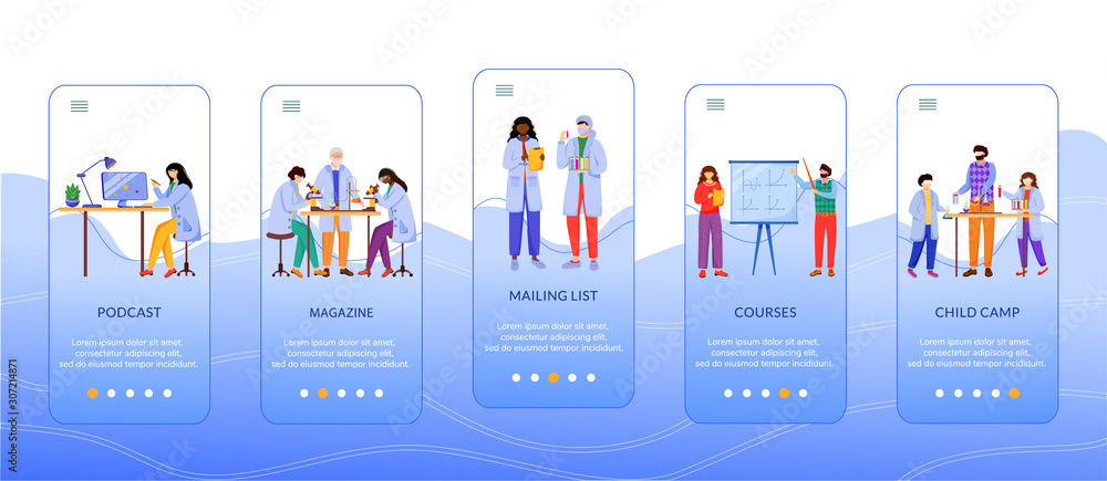 Poster science services onboarding mobile app screen vector template. modern learning methods. walkthrough 