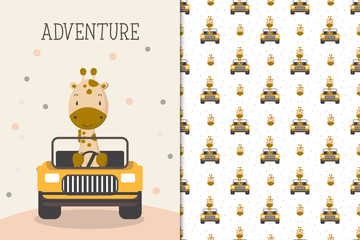 Cute giraffe illustration driving a car with seamless pattern in the white backdrop © Maryam Hamila