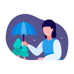 Ecologist profession concept. Woman with umbrella protects trees. Environmental protection, forest rescue