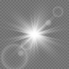 White beautiful light explodes with a transparent explosion. Vector, bright illustration for perfect effect with sparkles. Bright Star. Transparent shine of the gloss gradient, bright flash.