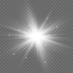 White beautiful light explodes with a transparent explosion. Vector, bright illustration for perfect effect with sparkles. Bright Star. Transparent shine of the gloss gradient, bright flash.