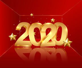 Realistic golden numbers 2020, stars and confetti on a red background. Happy new year 2020. Vector illustration.