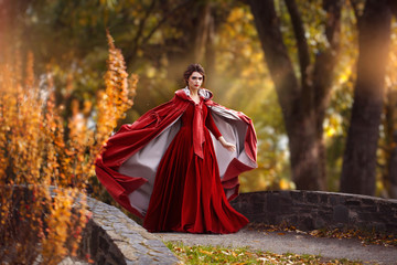 Beautiful girl in a burgundy red dress walking near old castle on a background of autumn grape leaves in the park, October. Radomyshl