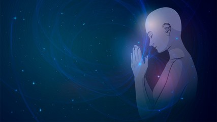Obraz premium Praying human in the starry sky, zen, buddhism, meditation, awareness. Meditation, yoga, trans