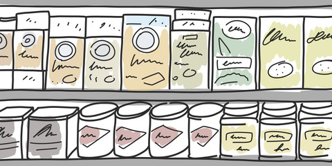 banner boxes and cans groceries in store, cartoon.