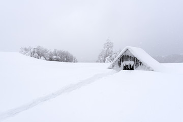 Fantastic landscape with snowy house