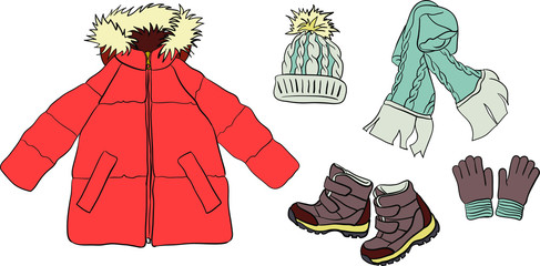 Vector illustration of children's winter clothes for girl in coral, blue and grey colors