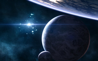 Planets of deep space in blue rays of a star cluster. Science fiction. Elements of this image...