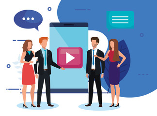 meeting of business people with smartphone and icons vector illustration design