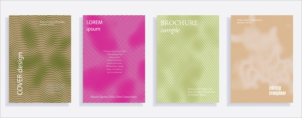 Minimalistic cover design templates. Set of layouts for covers of books, albums, notebooks, reports, magazines. Line halftone gradient effect, flat modern abstract design. Geometric mock-up texture