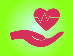 Medicine and health care icon. Hands holding heart with pulse sign. Flat vector illustration.Cardiogram. pink green gradient colours.Medical EPS 10 Vector.