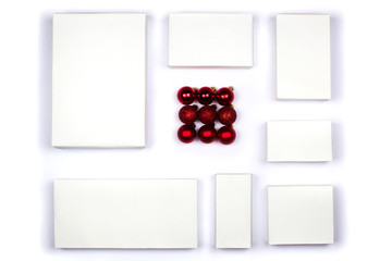 New Year and Christmas concept, gift shopping preparation for the holidays. Composition of white...