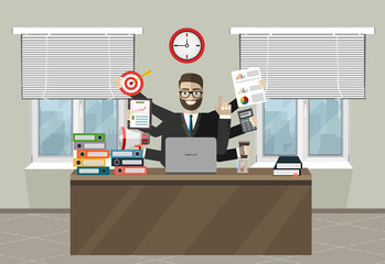 Business man surrounded by hands with office things. Multitasking and time management concept. Vector flat design illustration. Square layout.