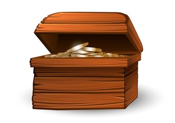 Wooden chest with gold coins on a white background, treasure, pirate treasure